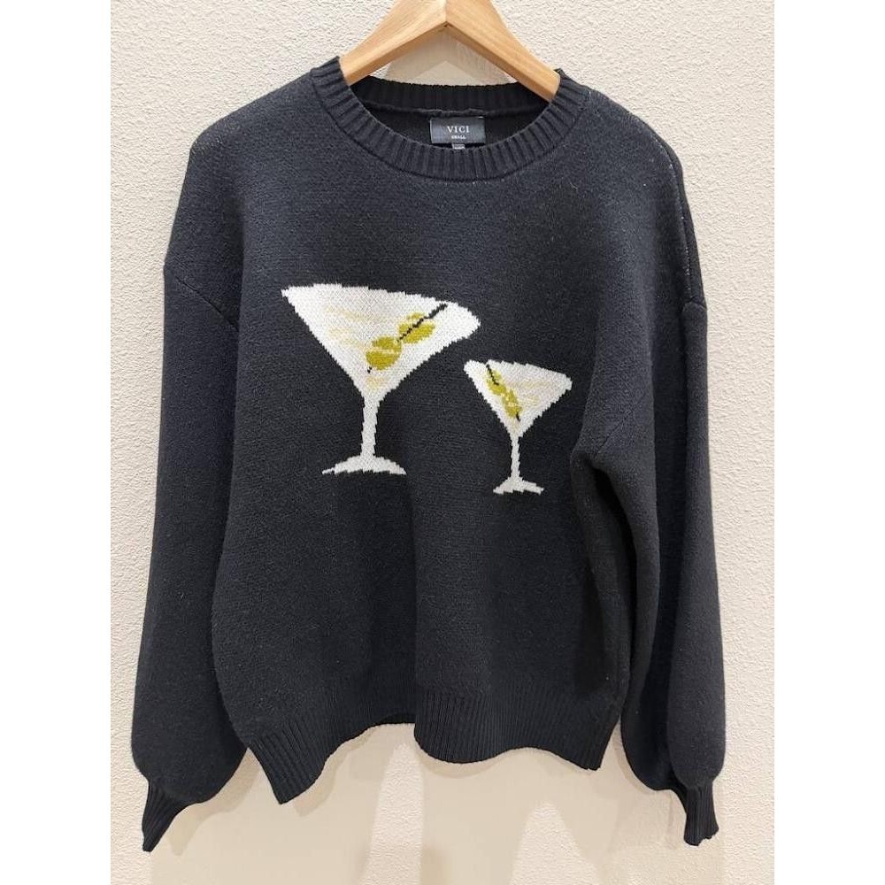 VICI Martini Glass Graphic Crew Neck Sweater Black Womens Small WT2700L Knit